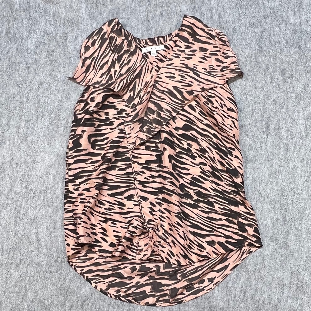 Cabi 100% Silk Zebra Print Ruffle Front Sleeveless Blouse Pink Black Medium